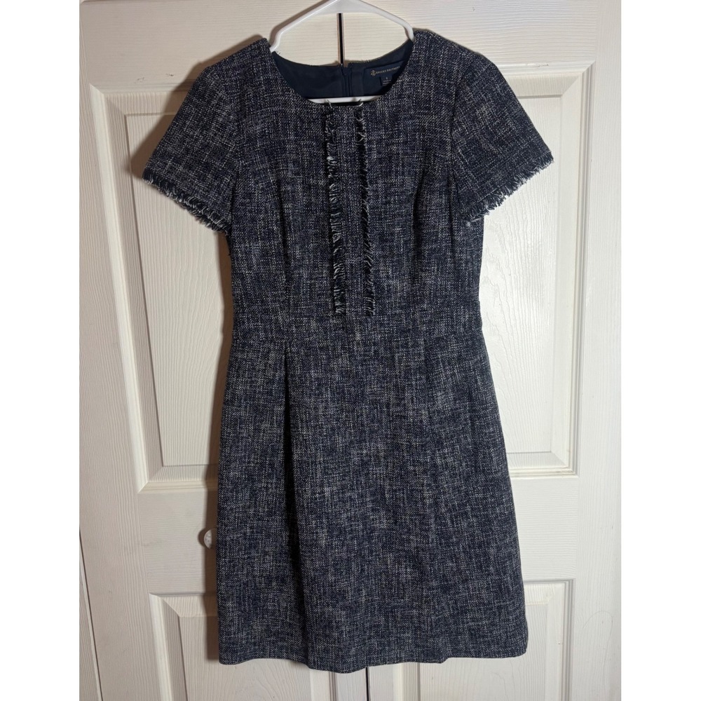 Brooks Brothers Womens Navy White Tweed Fringe Sheath Dress Size 4 Short Sleeve